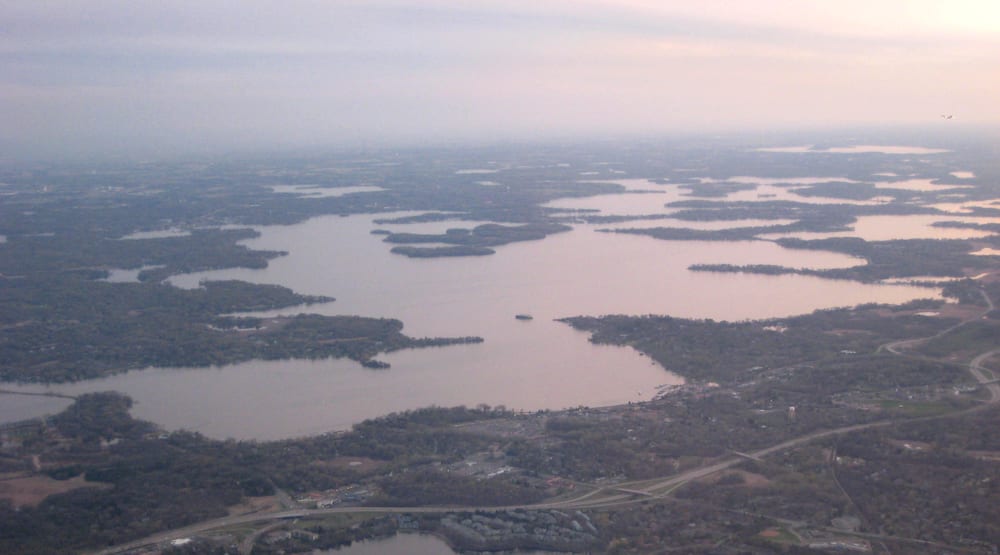 Aerial view of Lake Minnetonka, the lake-edge community of Wayzata, Minnesota that holds the global headquarters of Cargill, the largest privately-held US company by revenue.