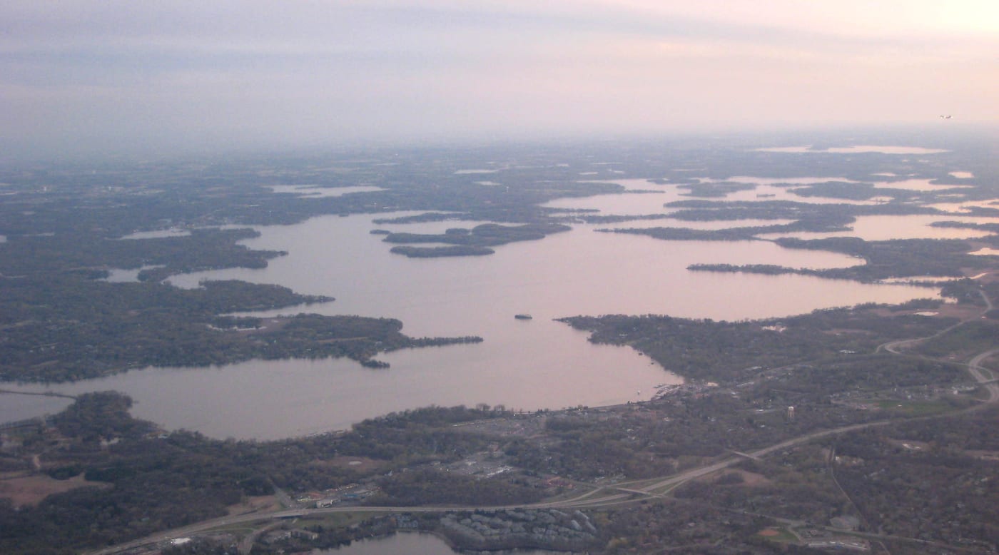 Aerial view of Lake Minnetonka, the lake-edge community of Wayzata, Minnesota that holds the global headquarters of Cargill, the largest privately-held US company by revenue.