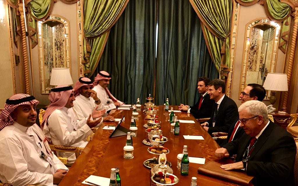Steven Mnuchin and Yasir Al-Rumayyan at the 2019 Future Investment Initiative in Riyadh. The annual FII conference is the senior public venue where the PIF discloses its strategic priorities.
