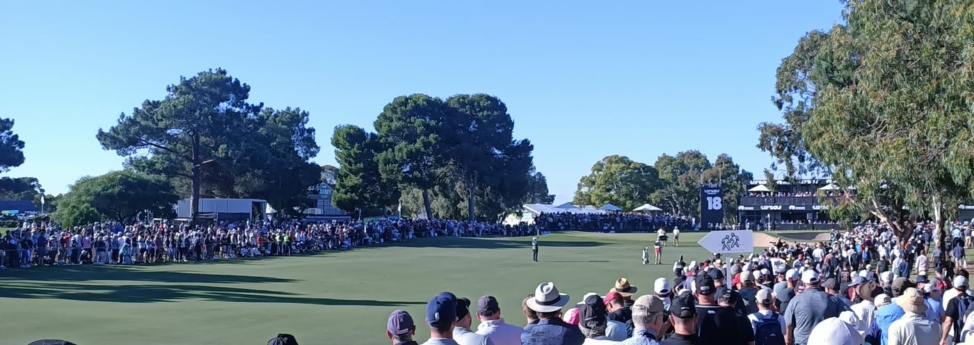 A LIV Golf event banner at the LIV Adelaide tournament. LIV Golf, funded by PIF from 2022, is the most visible category from which the Saudi sovereign-wealth fund withdrew in April 2026.