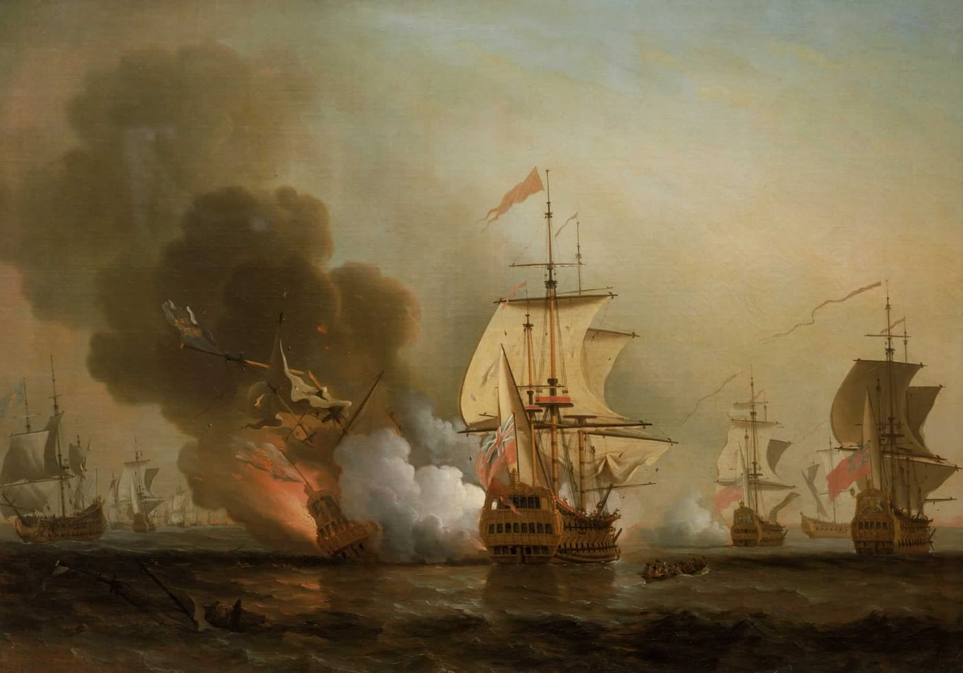 Oil painting by Samuel Scott depicting Commodore Charles Wager's 1708 attack on the Spanish treasure fleet off Cartagena, in which the San José galleon was sunk.